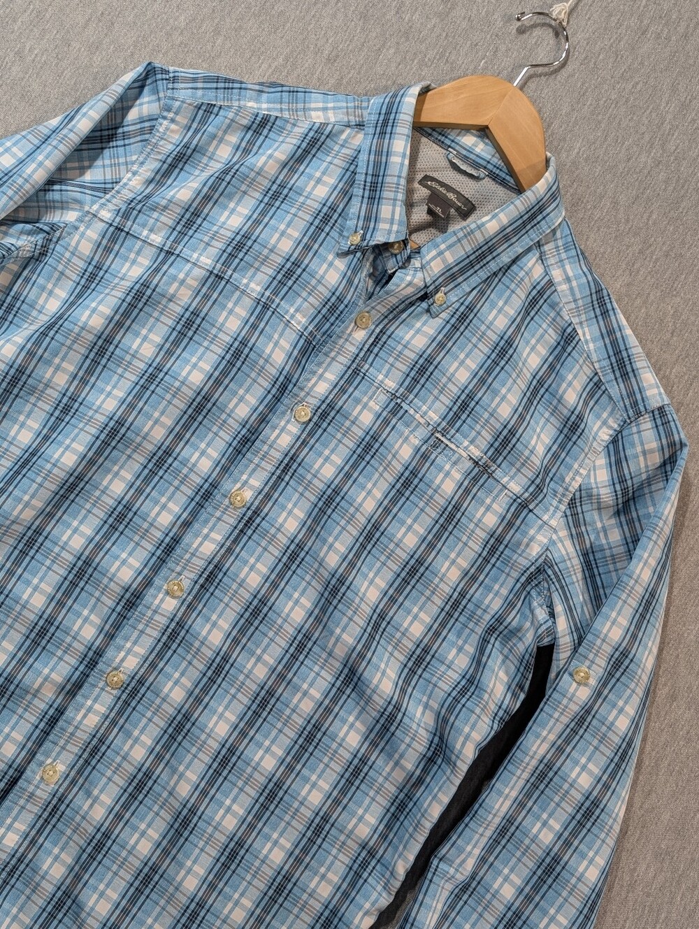 Eddie Bauer Plaid Performance Shirt Men's TL Blue White Roll Up Button Sleeves